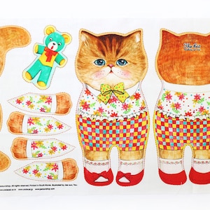 Check the cat (woven, linen+cotton, 45X30cm) DIY fabric for making standing type's doll