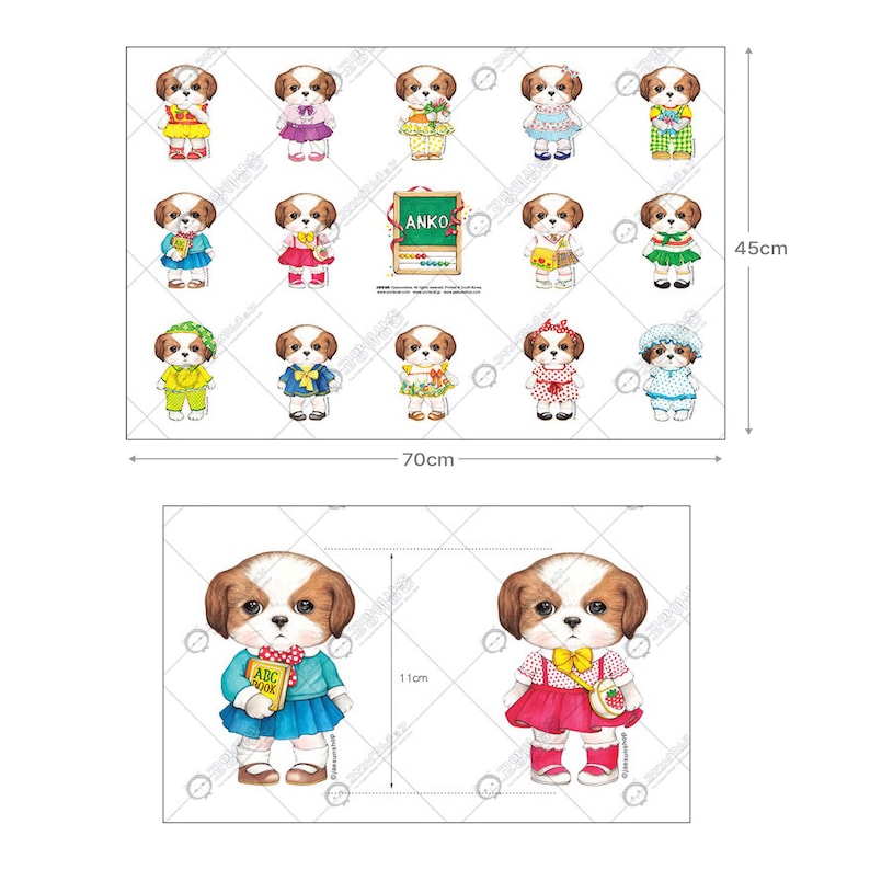 Pode incluir: Uma folha de adesivos com 18 ilustra&ccedil;&otilde;es diferentes de c&atilde;es vestidos com diferentes roupas. Os c&atilde;es usam roupas como vestidos, camisas e chap&eacute;us. Os adesivos est&atilde;o dispostos em uma grade em um fundo branco. A folha mede 70 cm por 45 cm.