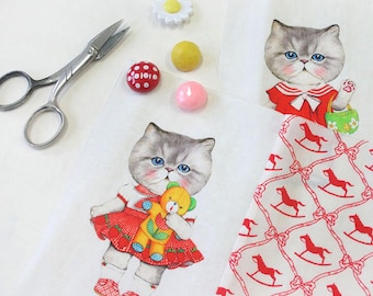 DIY fabric for making ragdoll, cushions - Cat RUMI mini #1  (woven, linen+cotton, 70X45cm)