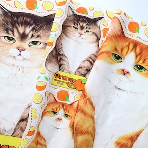 Könnte beinhalten: Ein weißer Stoff mit einem sich wiederholenden Muster aus Orangenscheiben und Katzen. Die Katzen sind in verschiedenen Posen, einige sitzen und einige stehen. Der Stoff hat einen Vintage-Look und -Feel. Der Text "Orange Soda" ist auf einer kleinen orangenen Schachtel gedruckt, die von einer der Katzen gehalten wird.