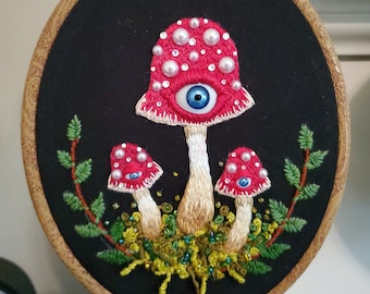 Whimsical Handmade Mushroom Embroidery Art