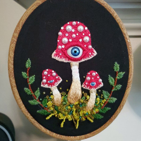 Whimsical Handmade Mushroom Embroidery Art