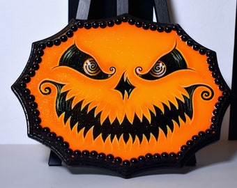 Vintage Halloween Inspired Pumpkin Plaque XL: Hand Painted