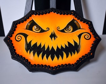 Vintage Halloween Inspired Pumpkin Plaque: Hand Painted