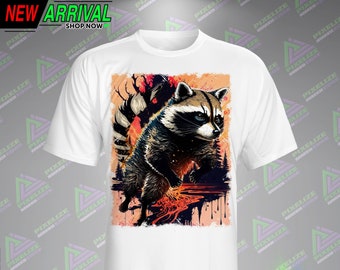Whimsical Raccoon T-Shirt: A Mischievous Leap Off a Forest in Flames