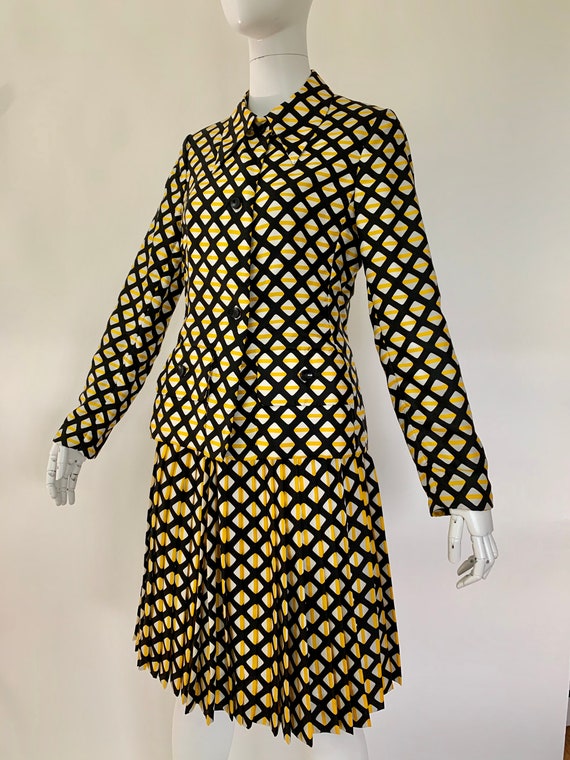 Galanos Op-Art Print Pleated Silk Skirt & Jacket S
