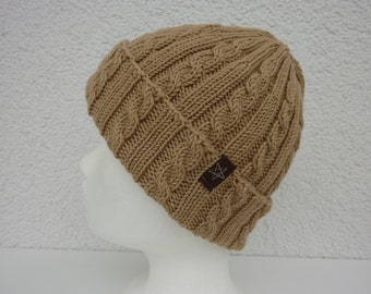 Knitted hat dark beige beige wool (Merino) hand knitted braid pattern gift wife girlfriend's sister's sister's birthday Christmas