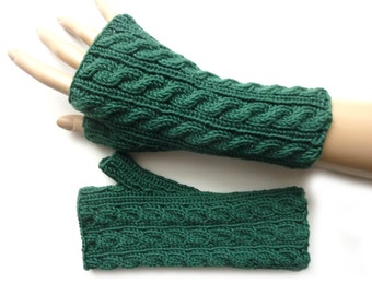 knitted arm warmers virgin wool dark green with braid pattern hand-knitted gift birthday Christmas wife girlfriend sister