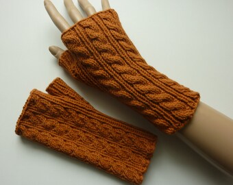 Arm warmers hand warmers rust brown cotton cable pattern honeycomb pattern tulip pattern gift girlfriend wife sister birthday Christmas