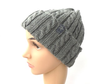 Knitted hat gray made of new wool (merino) hand-knitted cable knit gift wife girlfriend sister mother mom birthday Christmas