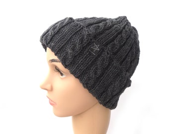 Knit hat dark grey virgin wool (Merino) hand knitted plait pattern gift wife girlfriend sister mom mom birthday Christmas