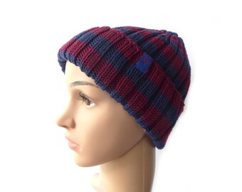 Knit hat dark blue dark red striped from virgin wool merino hand knitted gift birthday Christmas