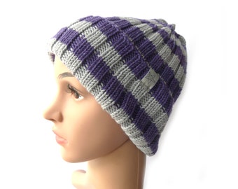 Knit hat purple and silver grey striped from virgin wool merino hand knitted gift birthday Christmas