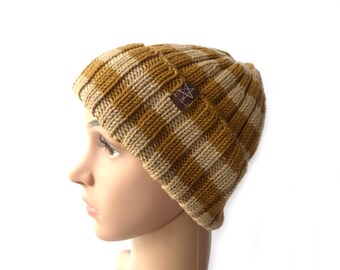 Knit hat light brown (camel) and beige striped virgin wool merino hand knitted gift birthday Christmas