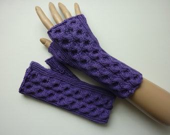 Arm warmers hand warmers blue violet cotton cable pattern honeycomb pattern tulip pattern gift wife girlfriend birthday Christmas hand knitted