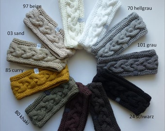 handgestricktes Stirnband Zopfmuster Baumwolle weiß, grau, schwarz, braun oder beige, auf Wunsch mit Fleece gefüttert (warm)