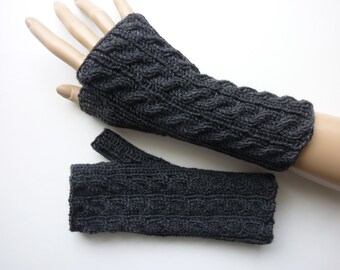 Knitted arm warmers virgin wool dark gray anthracite with cable pattern hand knitted gift birthday Christmas wife girlfriend sister