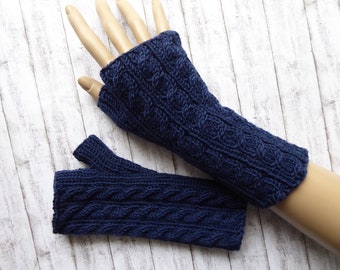 Arm warmers new wool dark blue with cable pattern hand-knitted gift birthday Christmas wife girlfriend sister mother