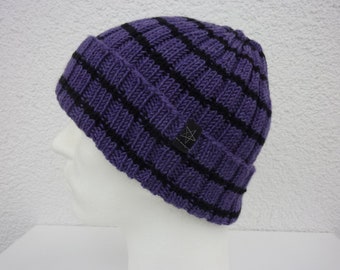 Knit hat violet black striped virgin wool merino hand knitted gift birthday Christmas