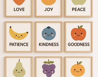 Fruit of the Spirit Wall Art Set — 9 Printable Kids Room Prints | Christian Nursery Decor