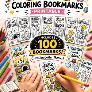 Christian Easter Coloring Bookmarks Printable – 100 Unique Designs – He Is Risen – Sunday School Activity – Kids Easter Craft – Religious Bo