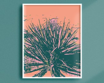 May include: A framed print of a stylized illustration of a green plant with a pink background.