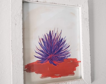May include: A white framed picture with a purple and pink abstract painting of a plant on a red background.