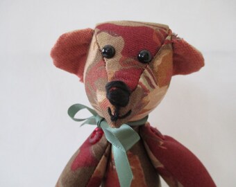 MAY; a happy little linen floral bear in Autumnal tones.