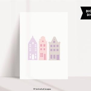 Modern nordic poster with Amsterdam canal houses simple illustration in Pink, grey and lilac . Printable artwork image 4