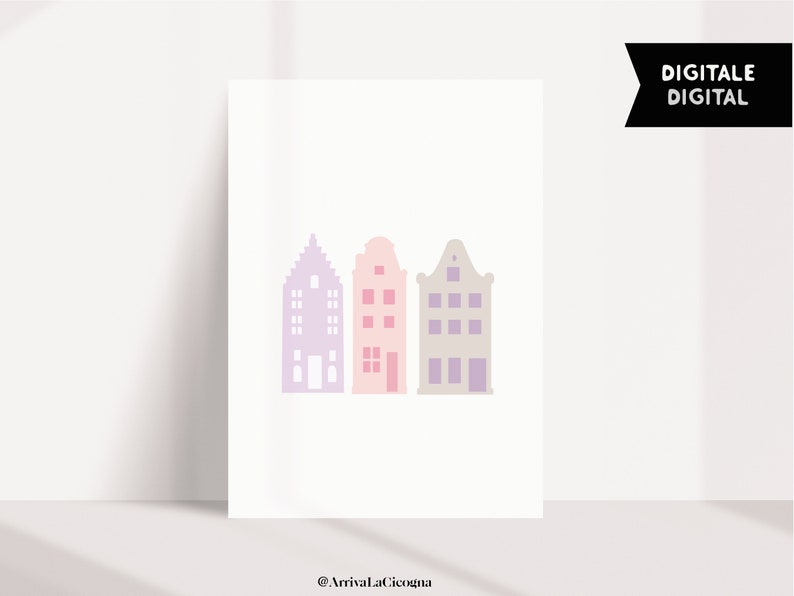 Modern nordic poster with Amsterdam canal houses simple illustration in Pink, grey and lilac . Printable artwork image 4