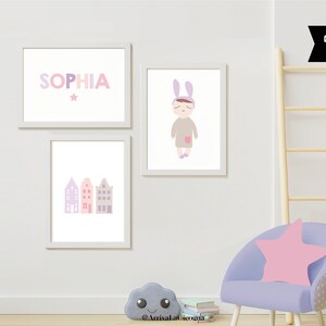 Modern nordic poster with Amsterdam canal houses simple illustration in Pink, grey and lilac . Printable artwork image 2