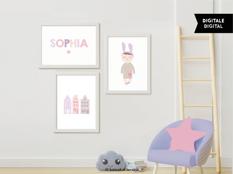 Modern nordic poster with Amsterdam canal houses simple illustration in Pink, grey and lilac . Printable artwork image 2