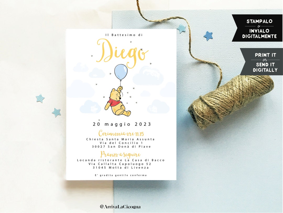 Invito Winnie The Pooh per battesimo o compleanno, da stampare o
