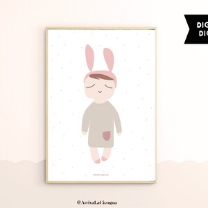 Poster boho per cameretta bimba con illustrazione di bambolina coniglietto (Download Digitale)