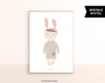 Boho little girl poster with bunny doll (Digital Download)