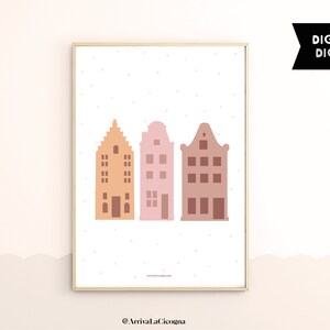 Nursery or kids room modern print with Amsterdam canal houses in pink and terracotta  (Digital Download)