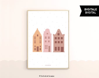 Nursery or kids room modern print with Amsterdam canal houses in pink and terracotta  (Digital Download)