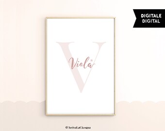 Custom monogram and name wall art for kids. Minimalist graphic style in soft pink. (Digital Download))