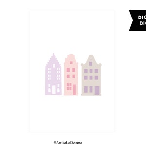 Modern nordic poster with Amsterdam canal houses simple illustration in Pink, grey and lilac . Printable artwork image 3