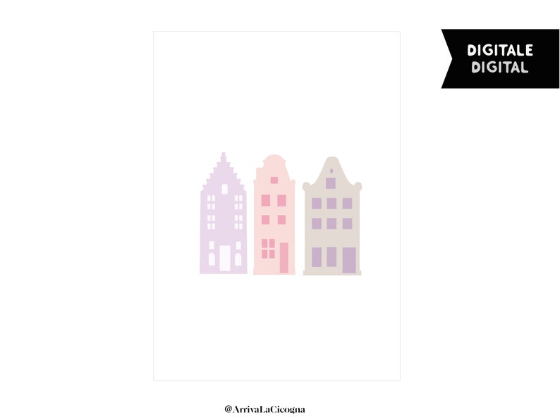 Modern nordic poster with Amsterdam canal houses simple illustration in Pink, grey and lilac . Printable artwork image 3