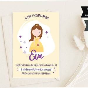 La Bella e la Bestia, invito compleanno con illustrazione di Belle in stile moderno minimal. Nome  e info personalizzate. Download digitale.