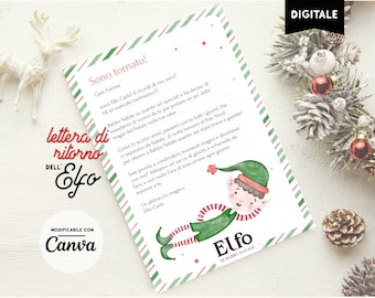 Lettera di ritorno dell'Elfo di Babbo Natale in italiano personalizzabile con nomi bimbi ed elfo. stampabile e modificabile online con Canva