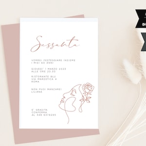 Printable 60th birthday minimalist elegant invitation, modern style with woman illustration