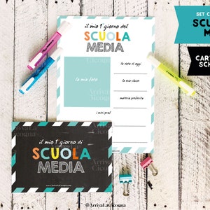Scuola Media: 3 cartelli x foto ricordo 1 giorno di scuola + 3 schede da compilare. Set digitale completo per 3 anni. Da scaricare subito.