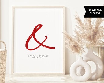Quadro minimal stilizzato per coppia con & (e commerciale) in rosso e con i vostri nomi, stampabile in diversi formati  . DOWNLOAD DIGITALE