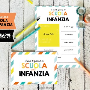 Scuola dell'Infanzia: cartello x foto ricordo del 1 giorno di scuola + schede da compilare. Set completo x i 3 anni della materna o asilo