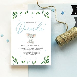 Invito con koala per battesimo, illustrazione in stile moderno elegente dipinta ad acquerello