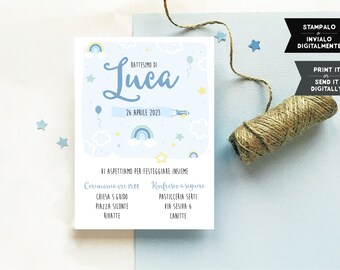 Rainbow invitation card for baby boy christening. Modern light blue, green  and yellow clouds, stars and balloons. Digital invite