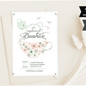Bigliettino d'invito personalizzato per festa a tema the', illustrazione romantica con fiorellini e colori femminili.