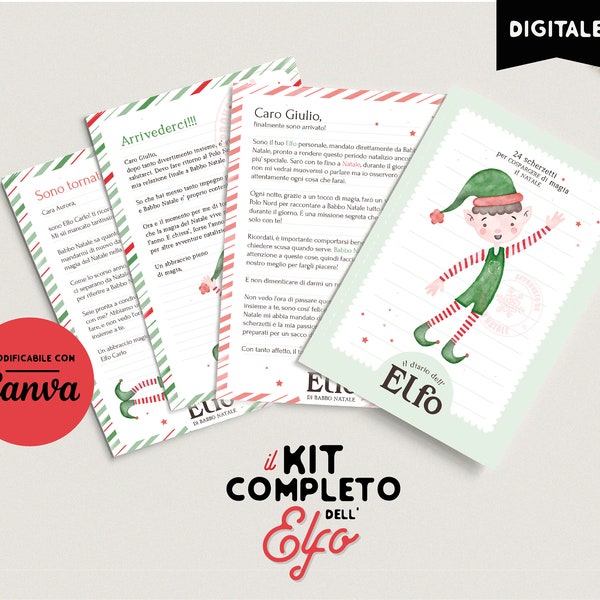 Kit completo Elfo di Babbo Natale in italiano . Set Elf on the Shelf. lettera di benvenuto presentazione + arrivederci + ritorno + guida